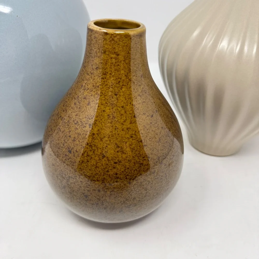 Ceramic Bud Vase Set 3 Blue Tan Brown Pottery Neutral MCM Minimalist Boho Decor